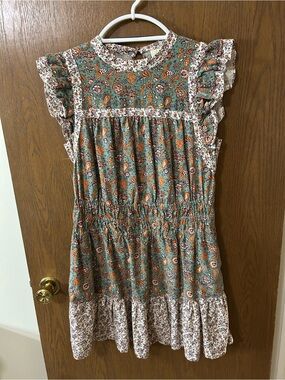 Universal Thread Green Paisley Ruffle Midi Dress with Orange Accents